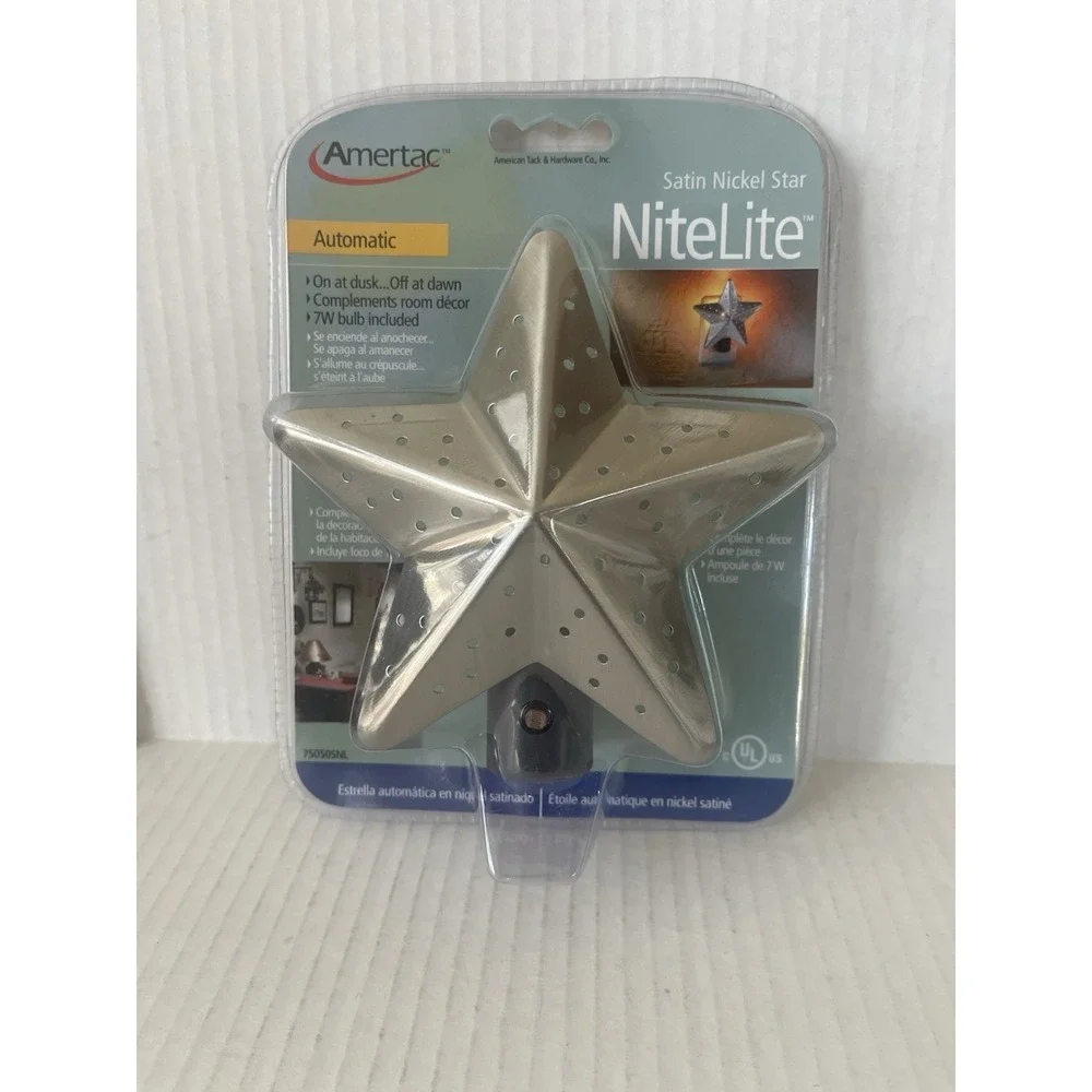 Amertac NiteLite Satin Nickel Star Automatic Night Light Factory Sealed New